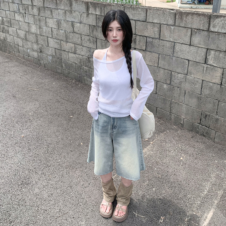 ワンショルダーシアー長袖Tシャツ IVORY