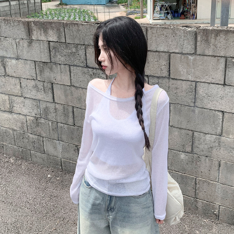 ワンショルダーシアー長袖Tシャツ IVORY