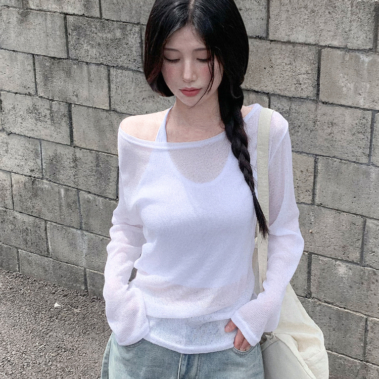 ワンショルダーシアー長袖Tシャツ IVORY