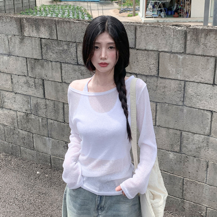 ワンショルダーシアー長袖Tシャツ IVORY