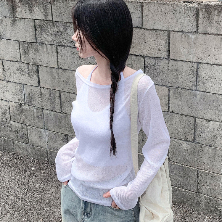 ワンショルダーシアー長袖Tシャツ IVORY