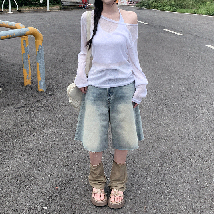 ワンショルダーシアー長袖Tシャツ IVORY