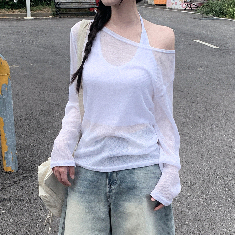 ワンショルダーシアー長袖Tシャツ IVORY