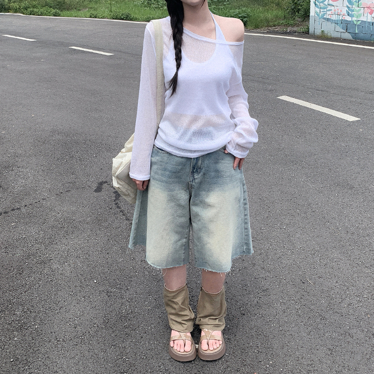 ワンショルダーシアー長袖Tシャツ IVORY