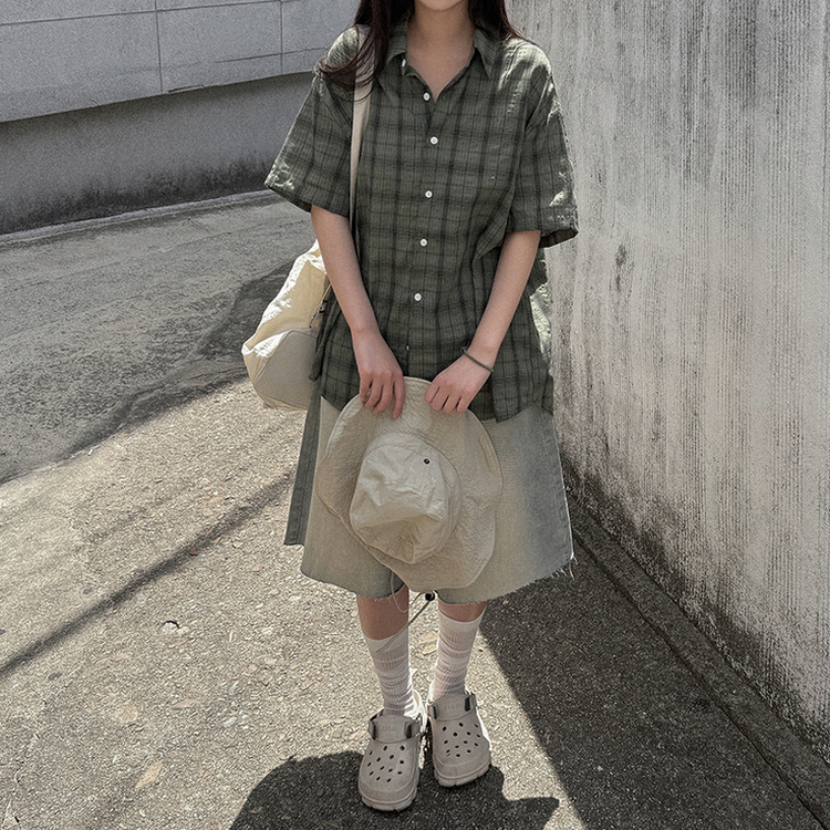 オーバーサイズチェック半袖シャツ KHAKI