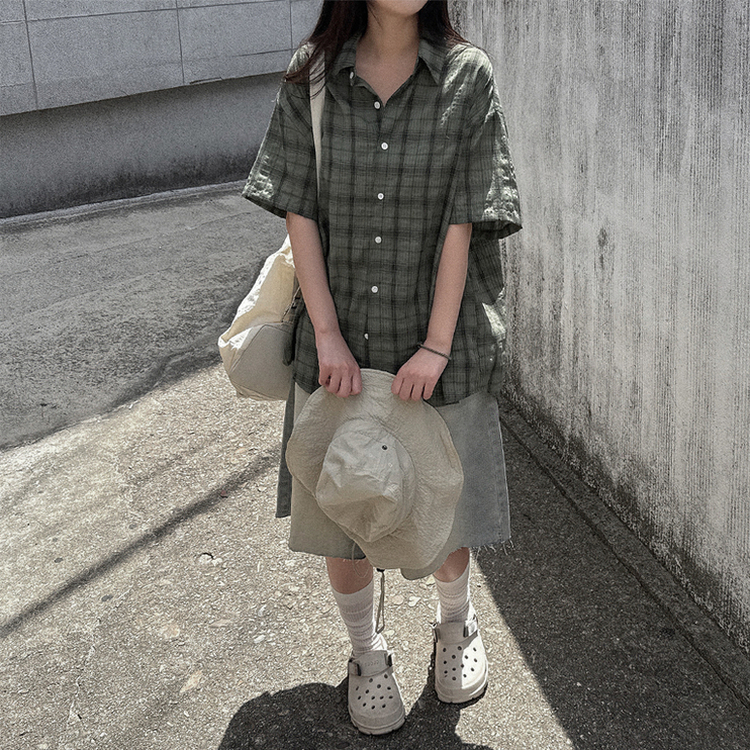 オーバーサイズチェック半袖シャツ KHAKI