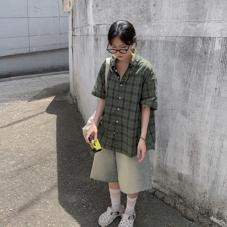 オーバーサイズチェック半袖シャツ KHAKI