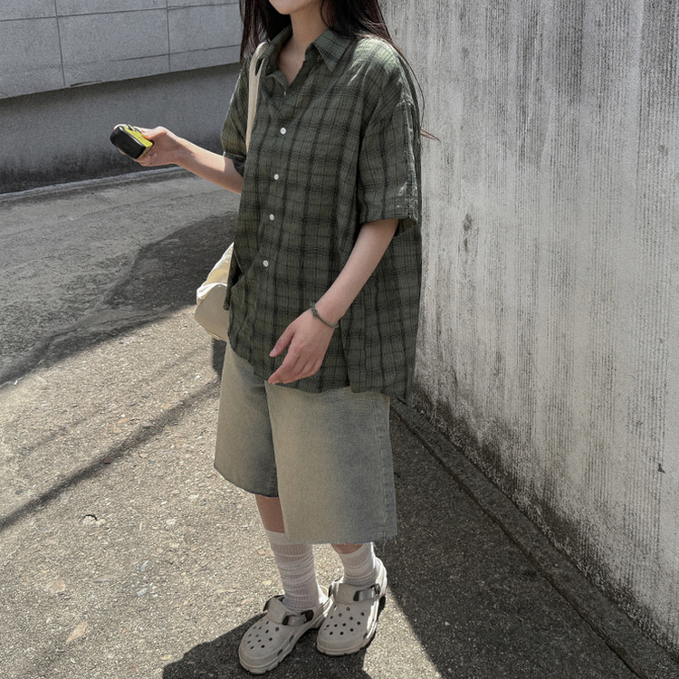 オーバーサイズチェック半袖シャツ KHAKI