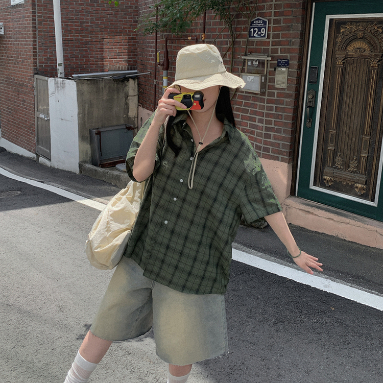 オーバーサイズチェック半袖シャツ KHAKI