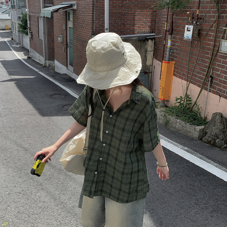 オーバーサイズチェック半袖シャツ KHAKI