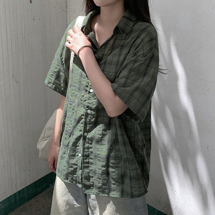 オーバーサイズチェック半袖シャツ KHAKI
