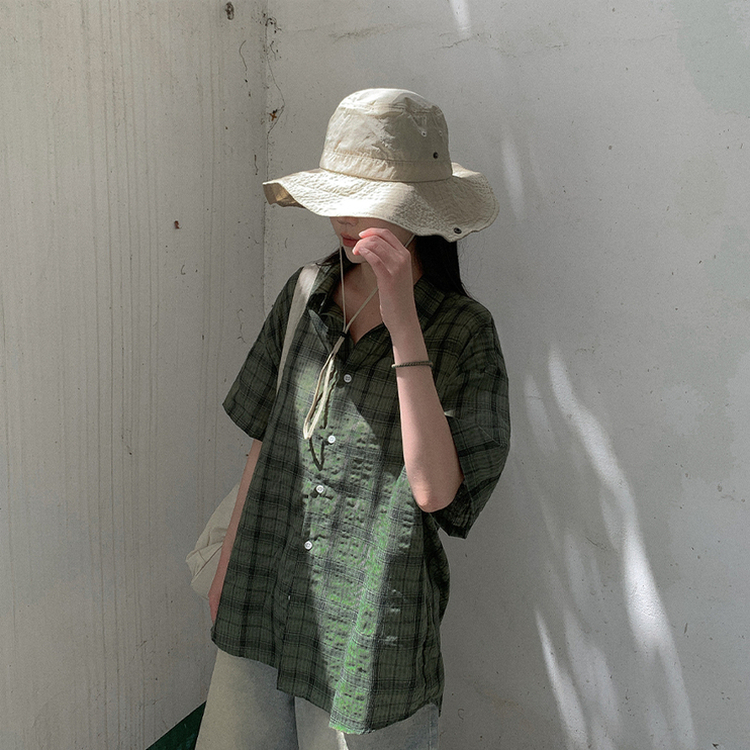 オーバーサイズチェック半袖シャツ KHAKI