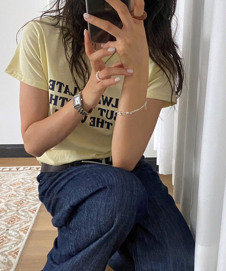 ヴィンテージレタリングスリム半袖Tシャツ LIGHT YELLOW
