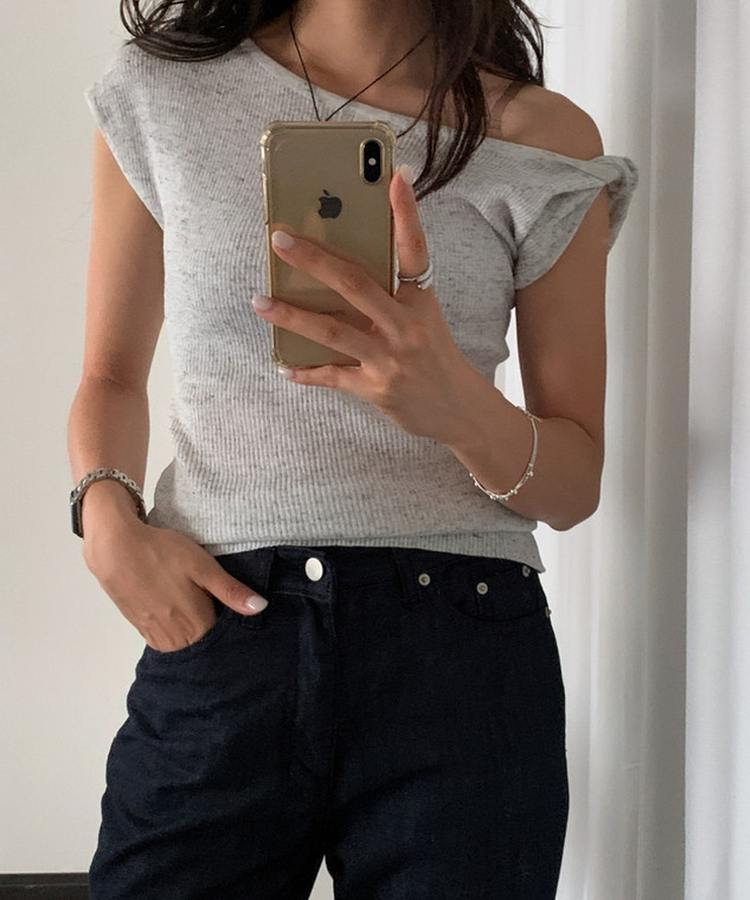 ボートネックリブニットトップス GREY