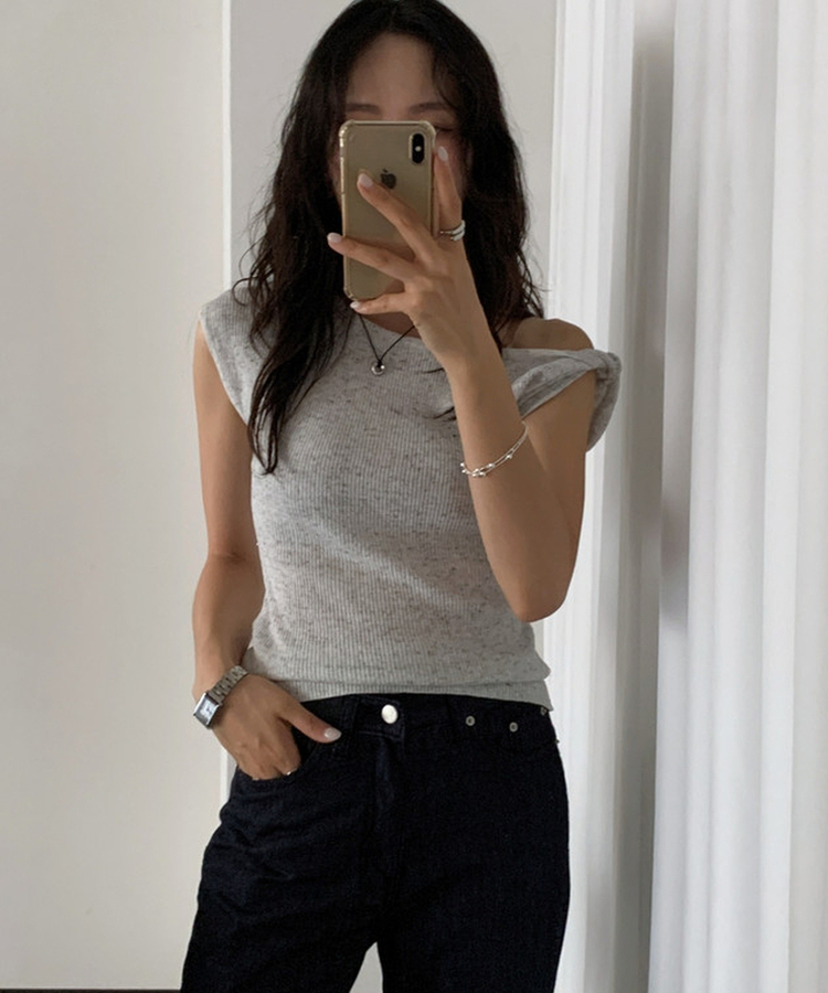ボートネックリブニットトップス GREY