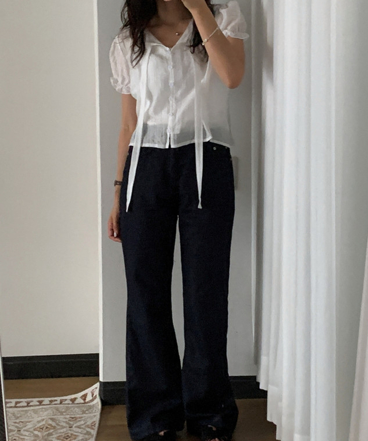 シアーパフストラップ半袖ブラウス IVORY