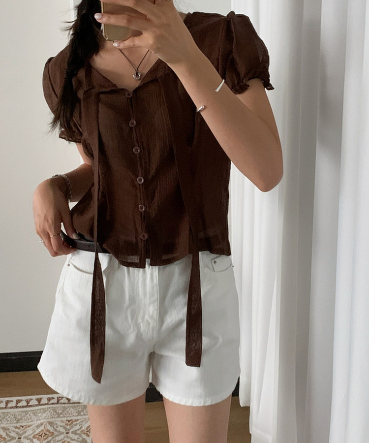 シアーパフストラップ半袖ブラウス BROWN
