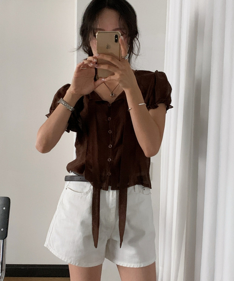 シアーパフストラップ半袖ブラウス BROWN