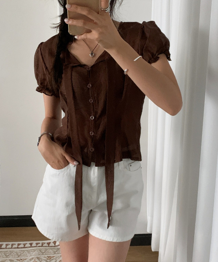 シアーパフストラップ半袖ブラウス BROWN