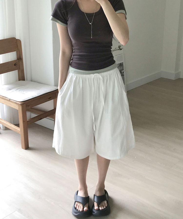 【丈別】リネンバミューダバンディングワイドパンツ WHITE