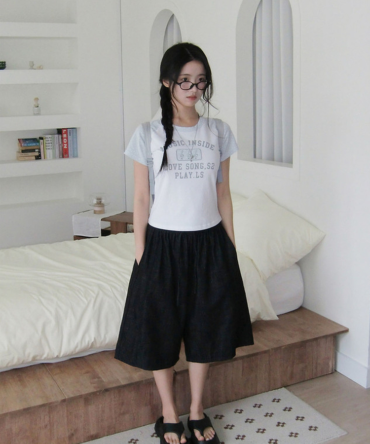 【丈別】リネンバミューダバンディングワイドパンツ DEEP DENIM