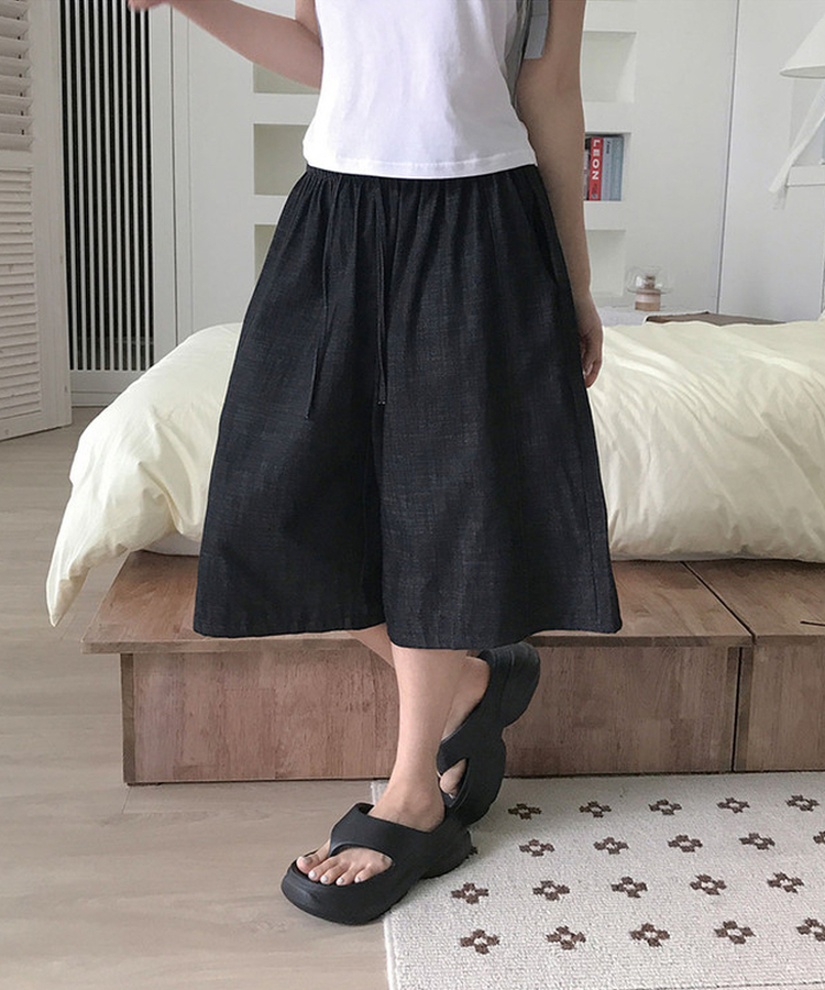 【丈別】リネンバミューダバンディングワイドパンツ DEEP DENIM