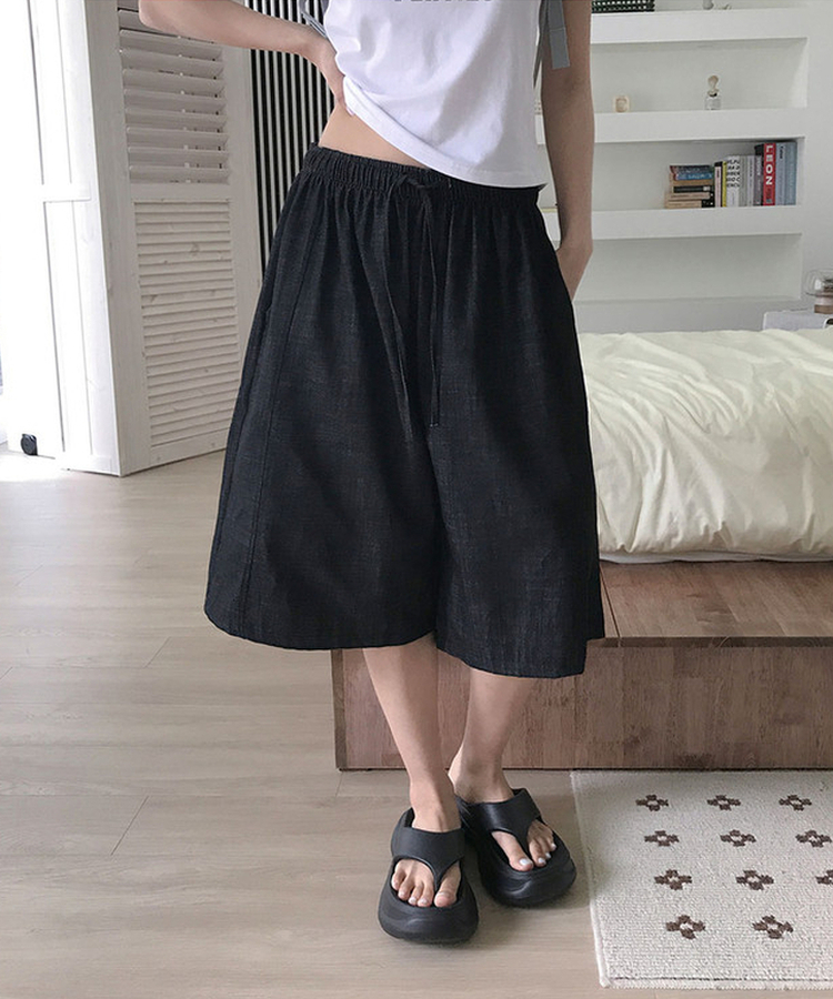 【丈別】リネンバミューダバンディングワイドパンツ DEEP DENIM
