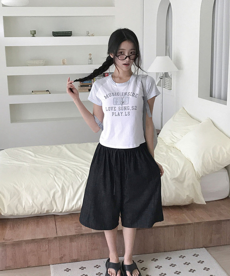 【丈別】リネンバミューダバンディングワイドパンツ DEEP DENIM