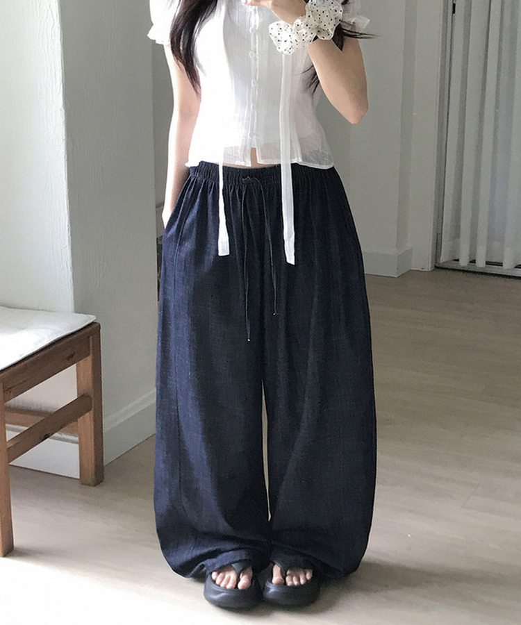 【丈別】リネンバミューダバンディングワイドパンツ BLACK DENIM
