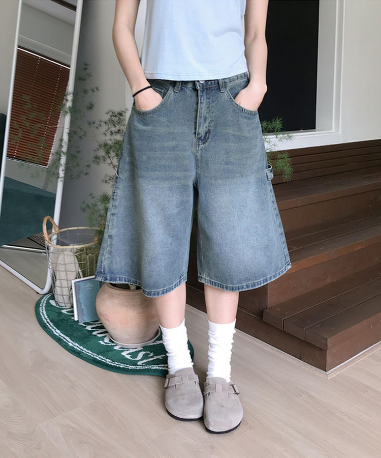 쿠니 카펜터 워싱 데님 버뮤다 팬츠 진청