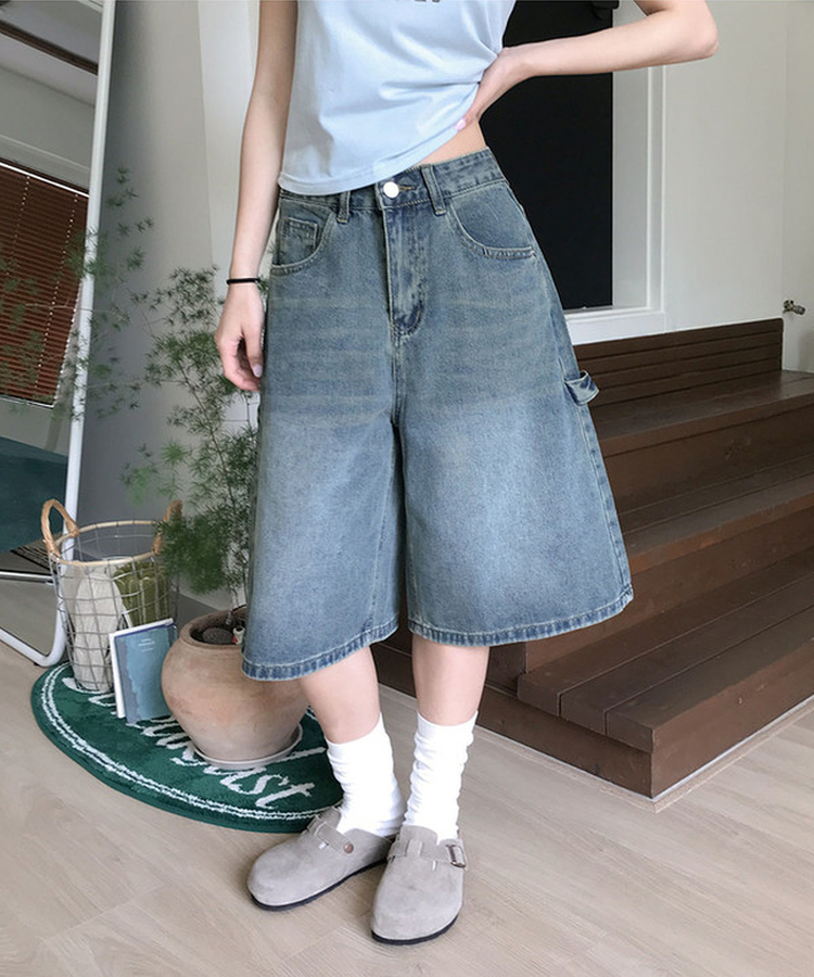 쿠니 카펜터 워싱 데님 버뮤다 팬츠 진청