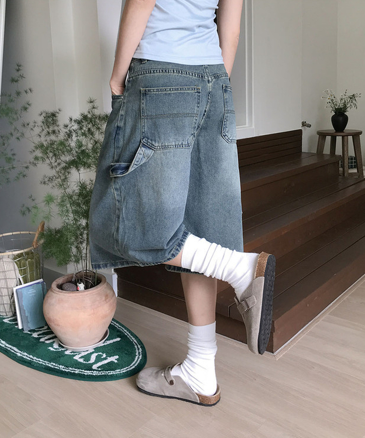 쿠니 카펜터 워싱 데님 버뮤다 팬츠 진청