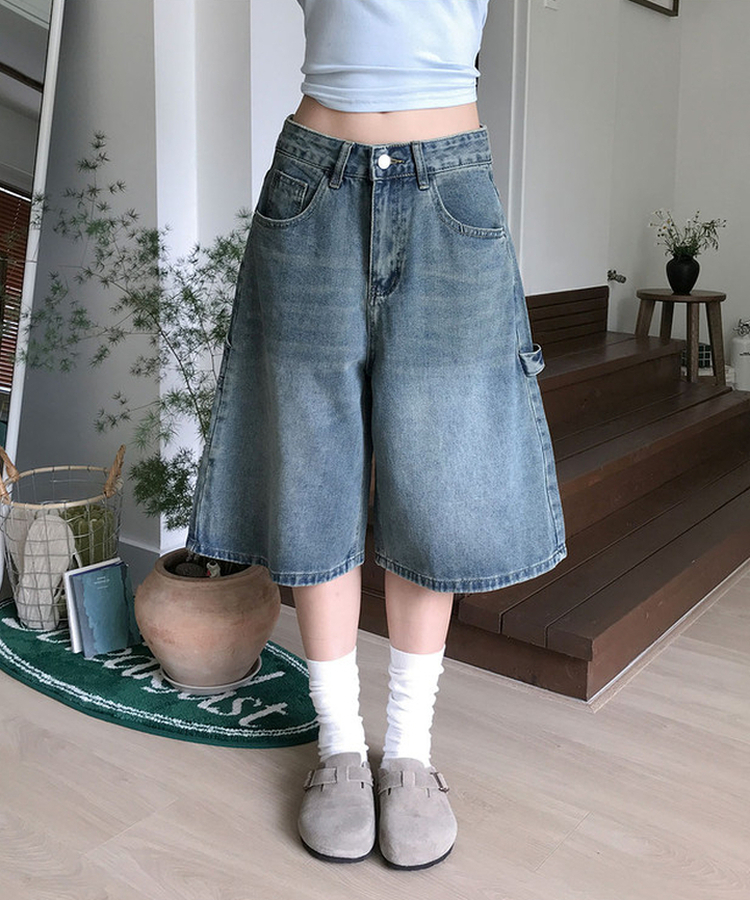 쿠니 카펜터 워싱 데님 버뮤다 팬츠 진청
