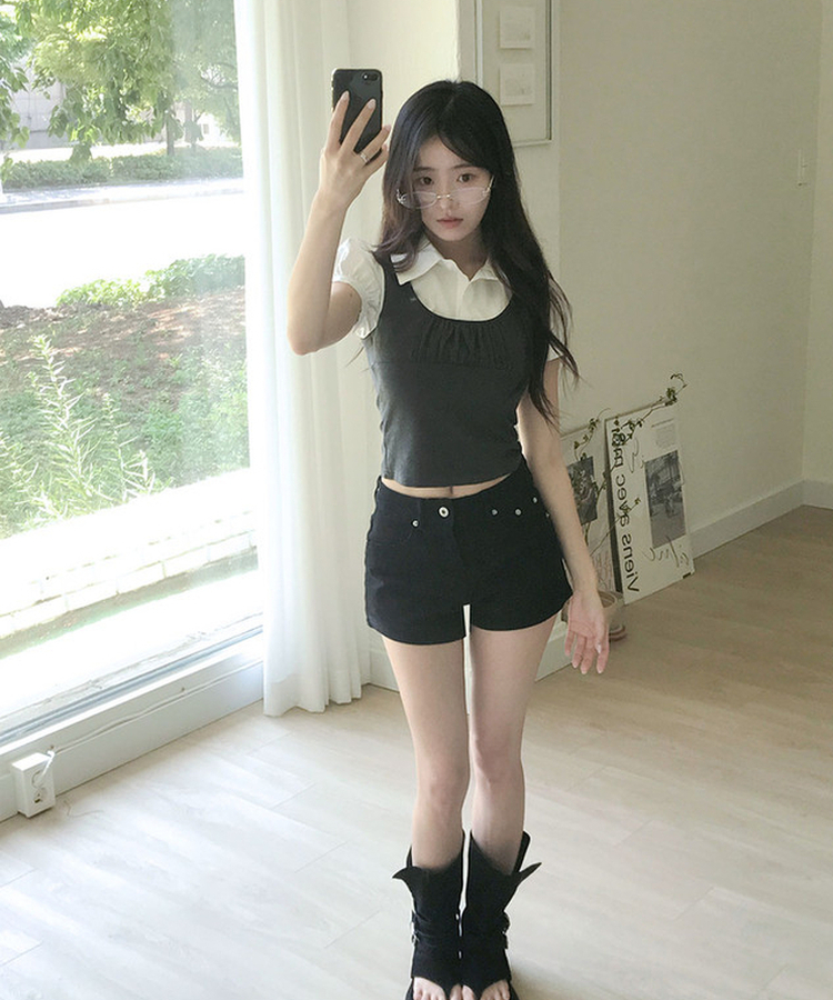 クロススタッズコットンショートパンツ BLACK
