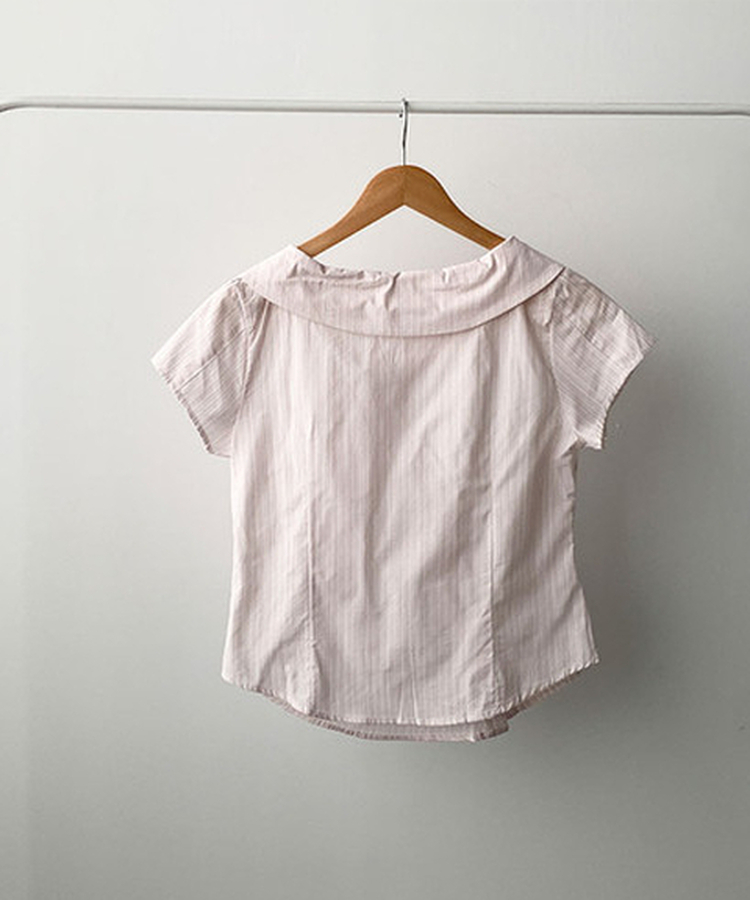 リボン刺繍レタリングストライプアシメボタンブラウス