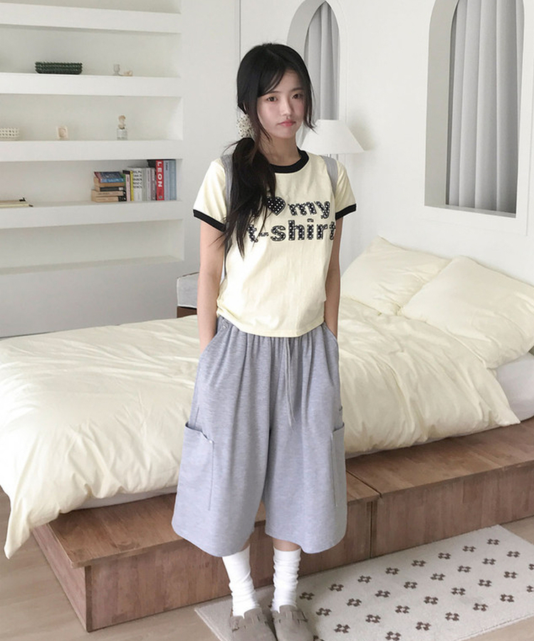 리캡 도트 패치 배색 반팔 티셔츠 라이트옐로우