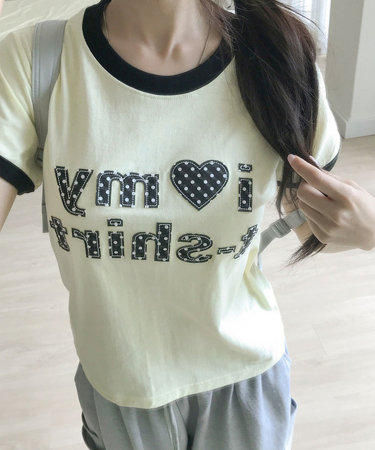리캡 도트 패치 배색 반팔 티셔츠 라이트옐로우