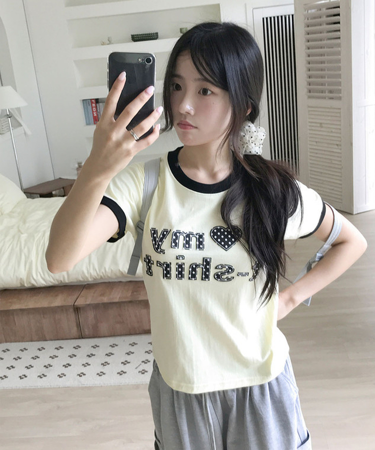 리캡 도트 패치 배색 반팔 티셔츠 라이트옐로우