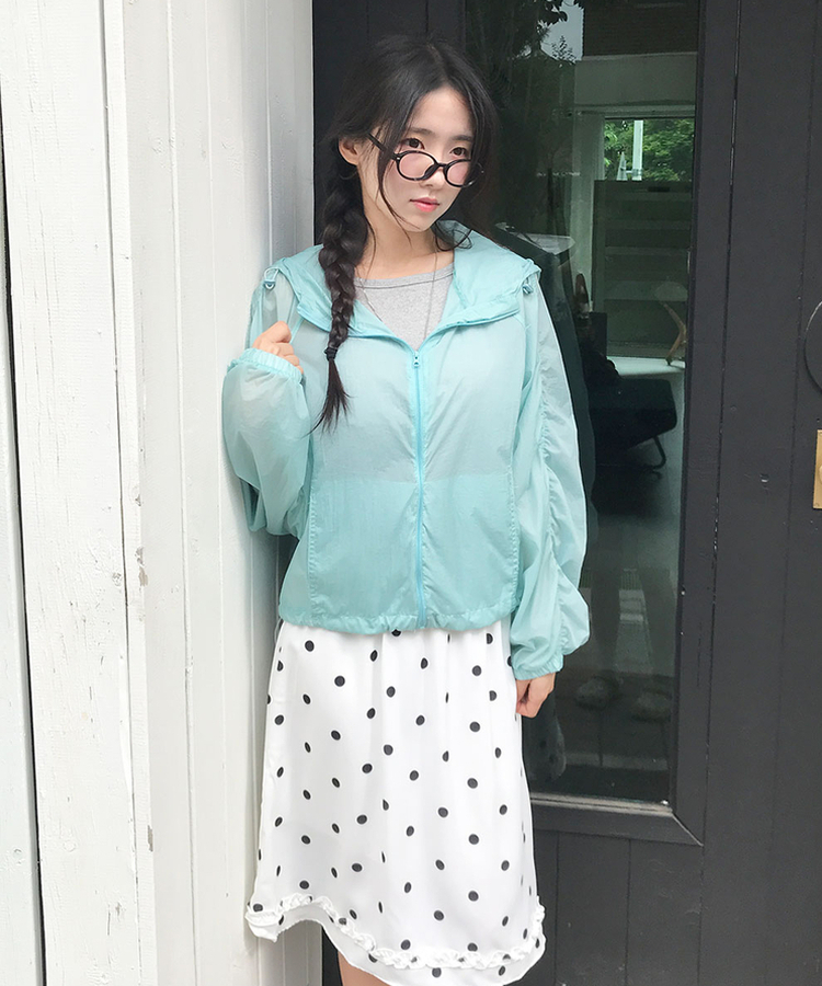 모비 시스루 셔링 포켓 루즈핏 후드 바람막이 살안타템 소라