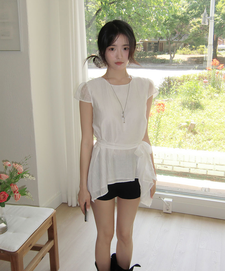 シアーシフォンスパフ半袖ブラウス WHITE
