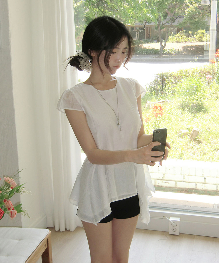 シアーシフォンスパフ半袖ブラウス WHITE