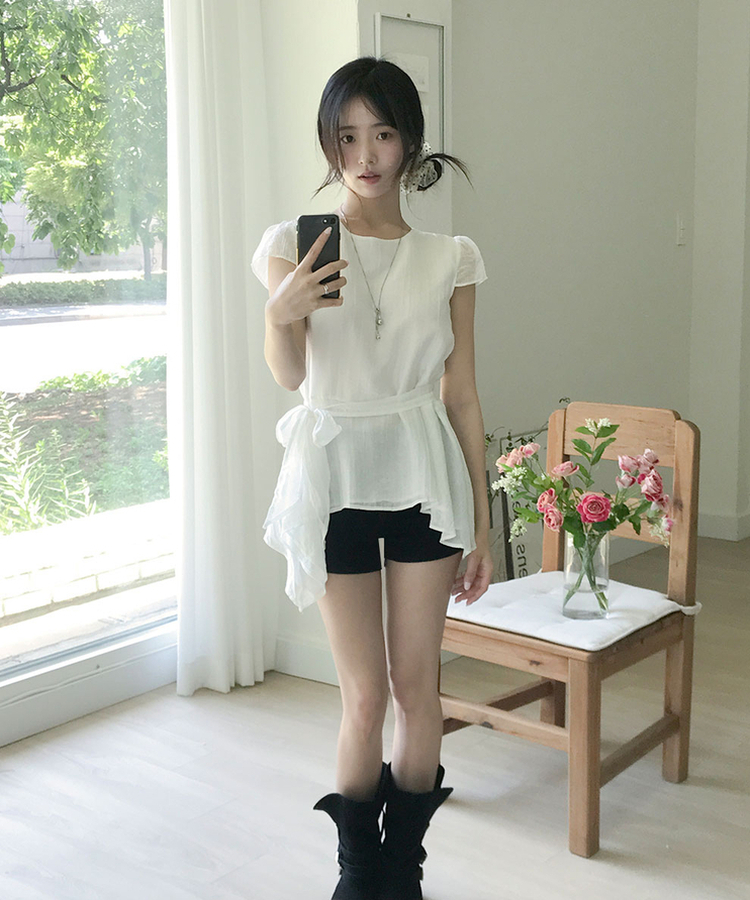 シアーシフォンスパフ半袖ブラウス WHITE