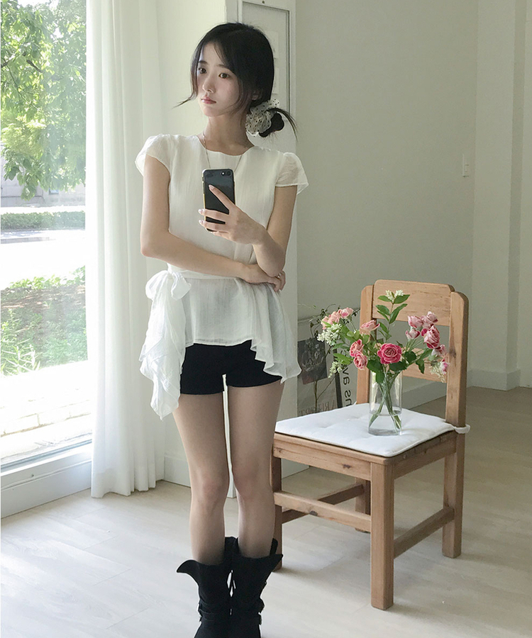シアーシフォンスパフ半袖ブラウス WHITE