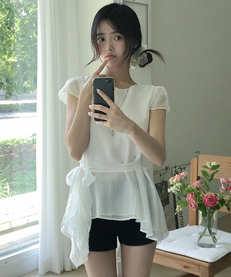シアーシフォンスパフ半袖ブラウス WHITE
