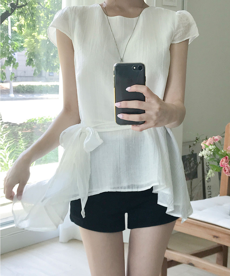 シアーシフォンスパフ半袖ブラウス WHITE