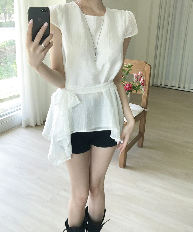 シアーシフォンスパフ半袖ブラウス WHITE