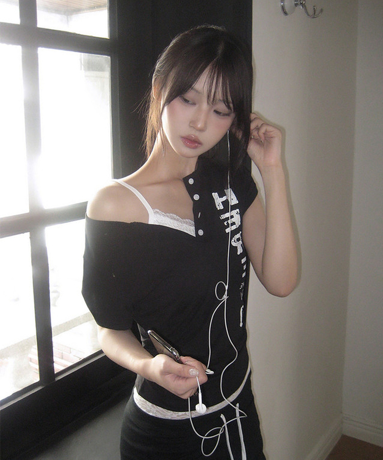 プリントヘンリーネックボタン半袖Tシャツ BLACK