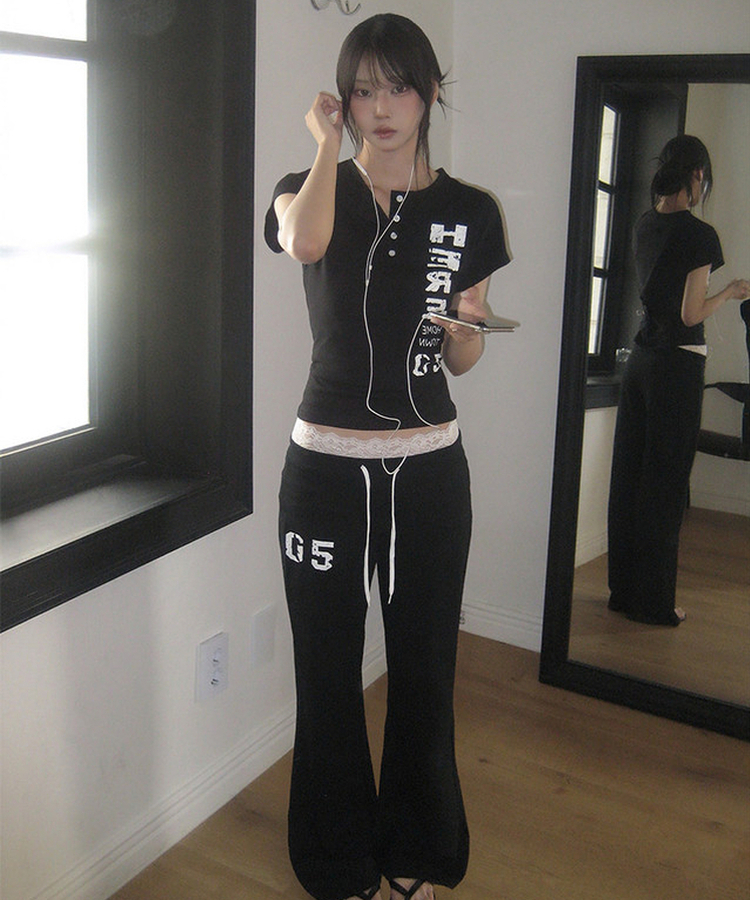 プリントヘンリーネックボタン半袖Tシャツ BLACK