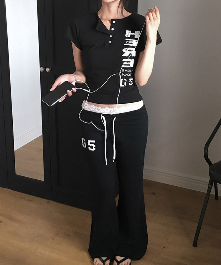 プリントヘンリーネックボタン半袖Tシャツ BLACK