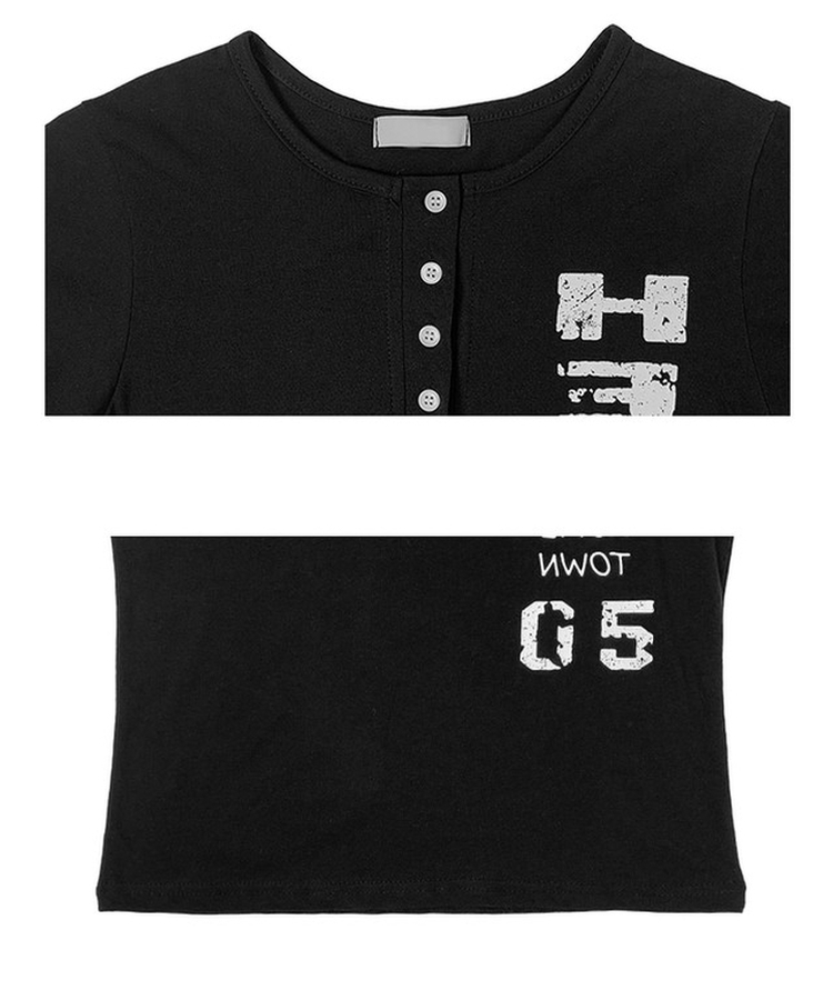 プリントヘンリーネックボタン半袖Tシャツ